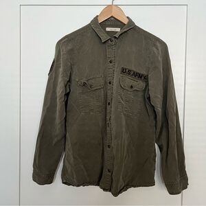 Tennis Shirt Womens Size L Olive Green US Army Military Utility Button Down